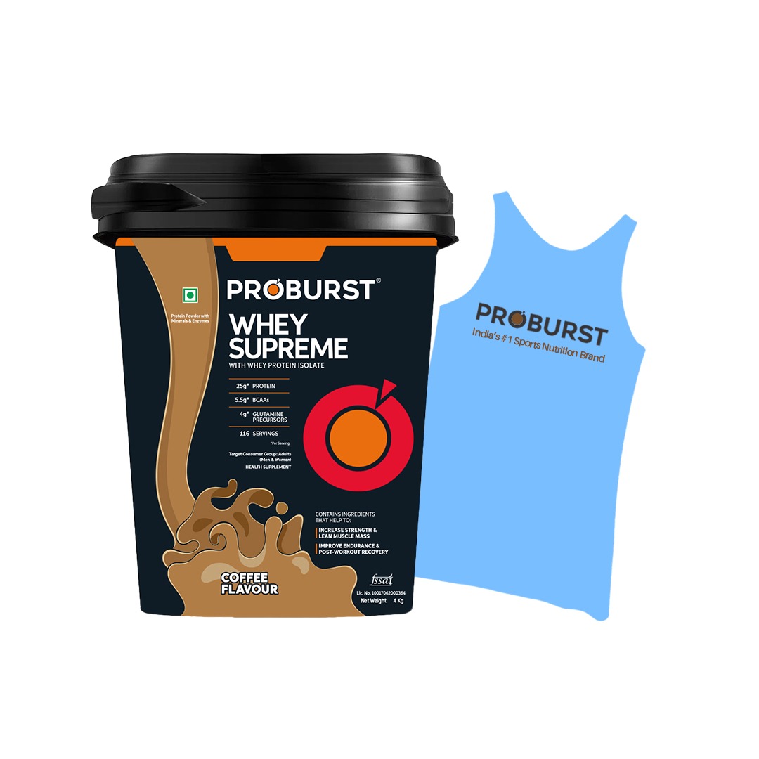 PROBURST Whey Supreme Protein Powder, Coffee Flavour, 4kg + Gym Vest Free